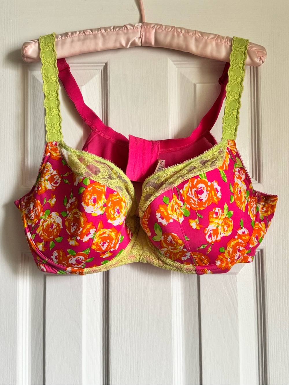 Cacique Pink Floral Underwire Bra with Lime Lace